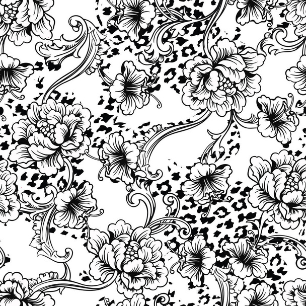 Eclectic fabric seamless pattern. Animal background with baroque ornament. - Vecteur, image