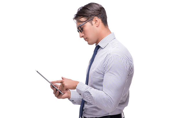 Jóképű üzletember dolgozó tabletta számítógép elszigetelt wh - Fotó, kép