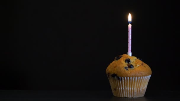 Beeldmateriaal muffin met een kaars close-up op zwarte achtergrond. 4k video - Video