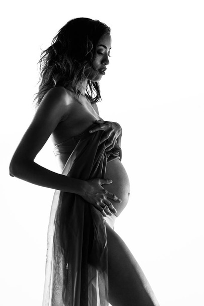 Silhouette Close Up Portrait Of Beautiful Pregnant African American Woman - Photo, Image