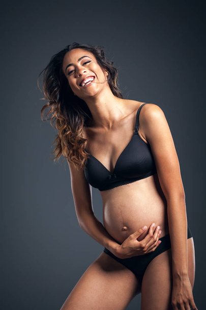 Beautiful Pregnant Happy African American Woman Wearing Black - Photo, Image