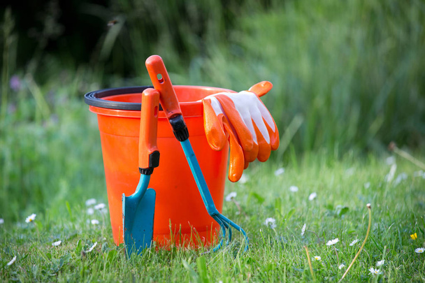Gardening tools on grass - Foto, Imagen