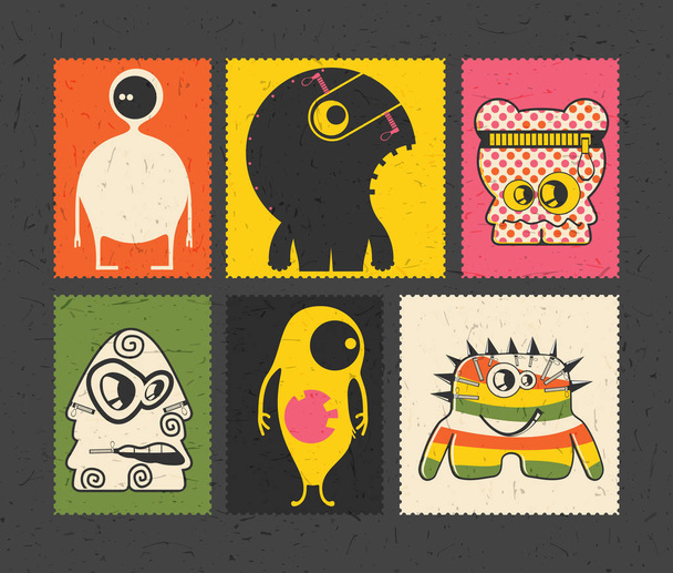 Set of six retro postage`s stamp with funny monsters on different color background.  - Vecteur, image