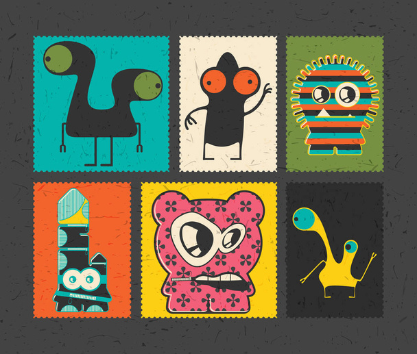 Set of six retro postage`s stamp with funny monsters on different color background.  - Vector, afbeelding
