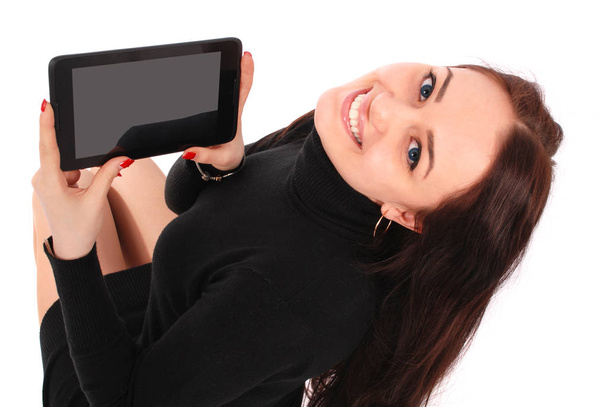 Щаслива студентка дівчина-підліток з планшетним ПК
 - Фото, зображення