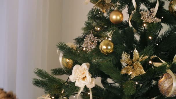 krásná žena zdobí vánoční strom - Záběry, video