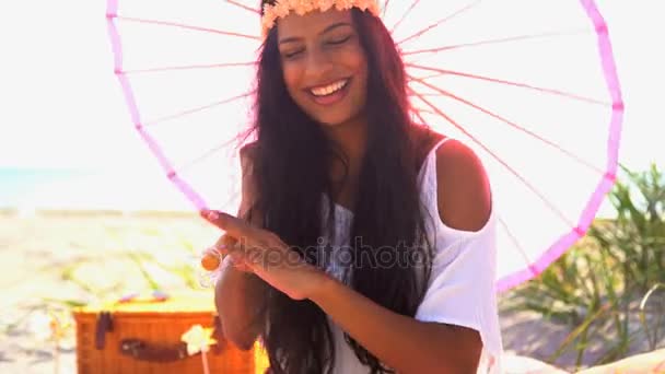 girl with parasol enjoying picnic - Footage, Video