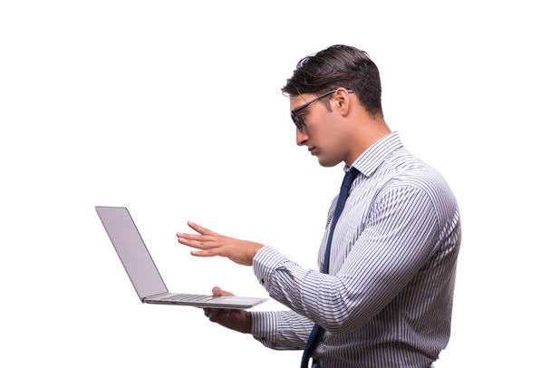 Dizüstü bilgisayarı olan adam beyazda izole edildi - Fotoğraf, Görsel