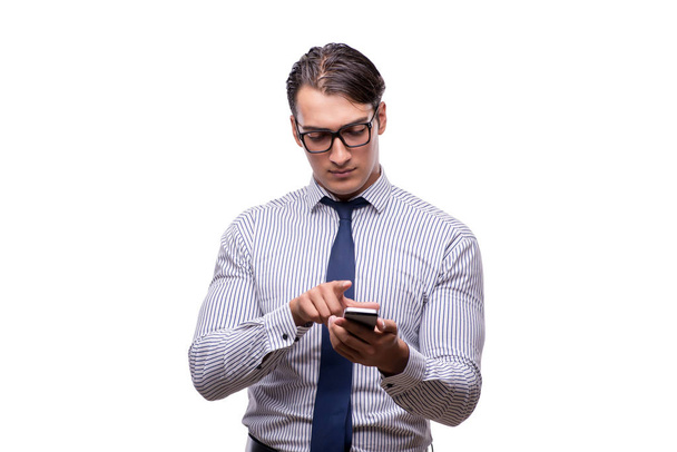 Handsome businessman working with mobile phone isolated on white - Photo, Image