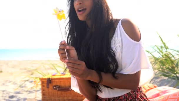 lány élvezi piknik pinwheel - Felvétel, videó
