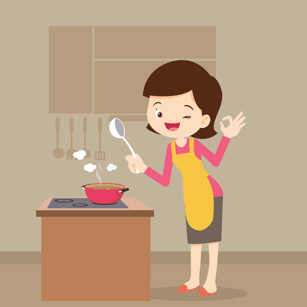 mujer cocina mostrando ok signo
 - Vector, Imagen