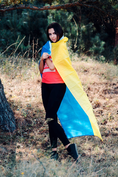 Modelo morena bonita posando em um parque com bandeira da Ucrânia
 - Foto, Imagem