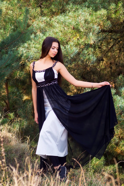 Půvabné okouzlující brunetka model představuje v černých šatech v jehličnatých parku - Fotografie, Obrázek