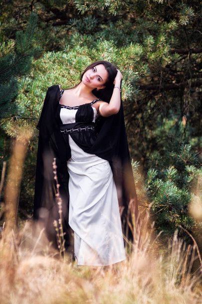 Graceful charming brunette model posing in black dress in coniferous park - Photo, Image