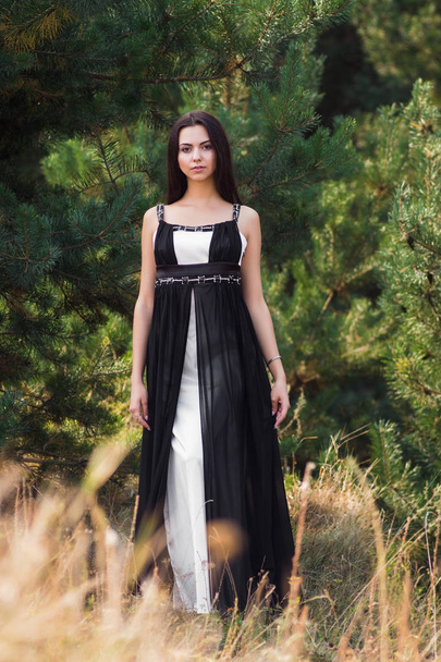 針葉樹公園で黒のドレスでポーズをとって優雅な魅力的なブルネットのモデル - 写真・画像