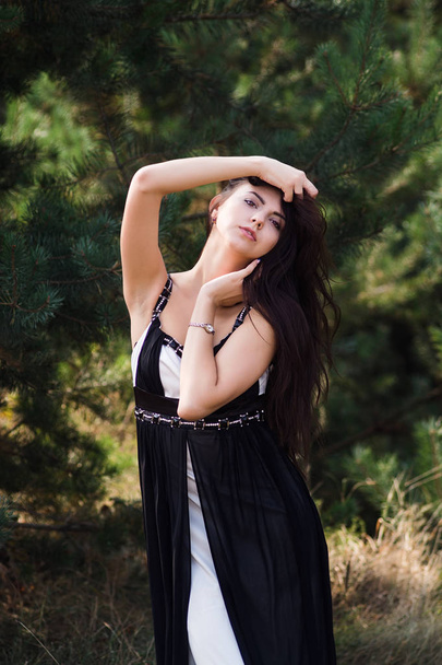 Graceful charming brunette model posing in black dress in coniferous park - Photo, image