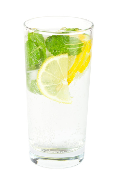 Club soda with lemon and mintt isolated on white - Фото, изображение