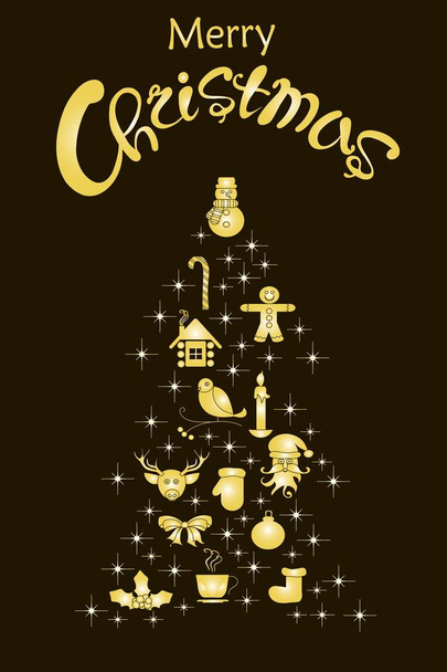 Typography banner with stylized gold Christmas tree and hand drawing lettering Merry Christmas on black stock vector illustration - Vector, Image