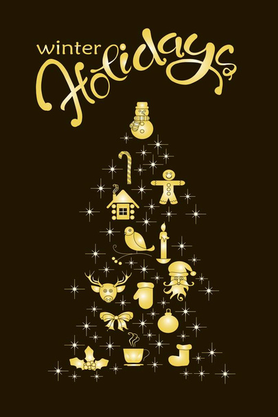 Banner de tipografía con árbol de Navidad de oro estilizado y letras de dibujo a mano Felices Fiestas en la ilustración de vector de stock negro
 - Vector, Imagen