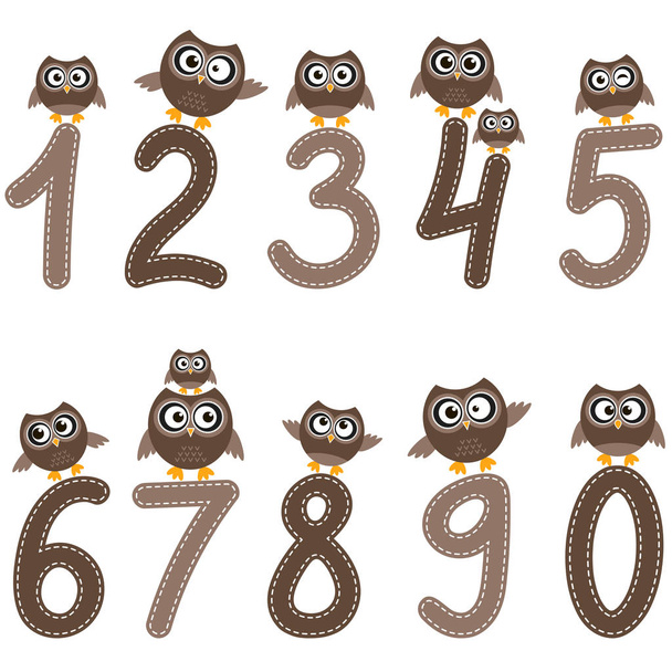 numbers from zero to nine and owls - Вектор,изображение