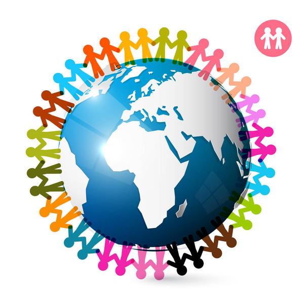People Around Globe. Men Holding Hands on Earth. Vector Unity Symbol. - Vector, Image