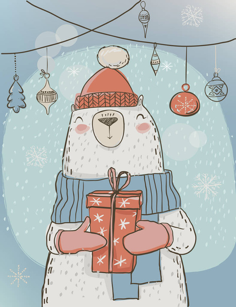 polar christmas bear with present box - Vector, Image
