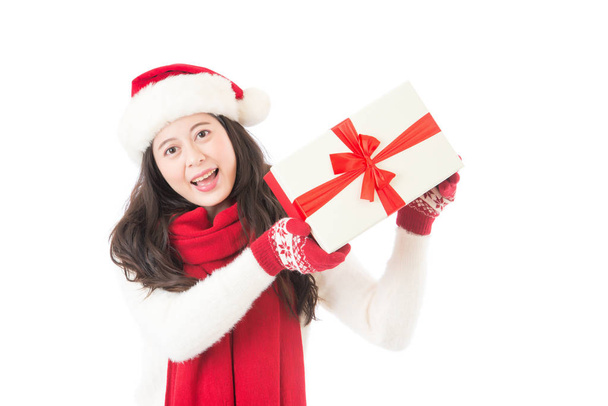 Happy excited santa woman showing christmas prensent - 写真・画像