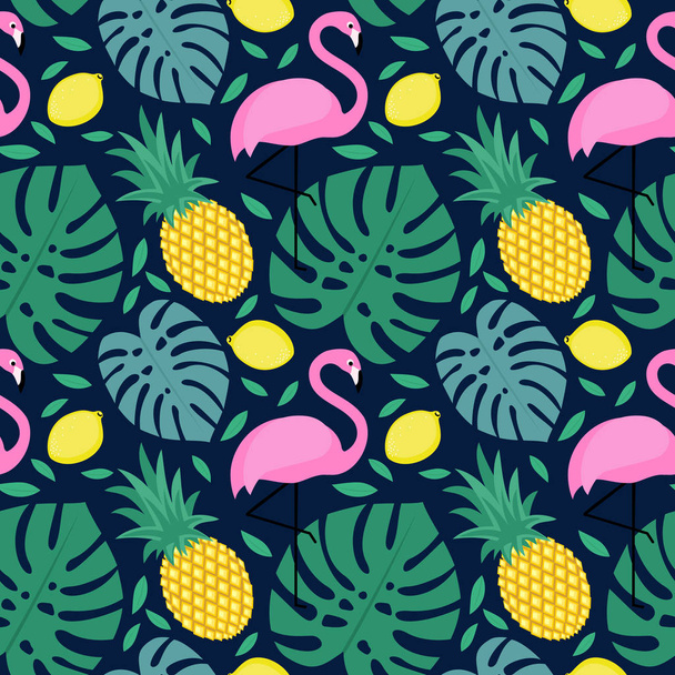 Seamless pattern with flamingo, pineapple, lemon and green palm leaves - Vektori, kuva