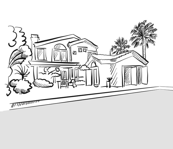 Sketch dream house among palm trees - Vector, Image