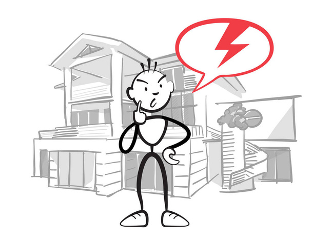 Stick figure man reports insurance damage to house - Vector, Image