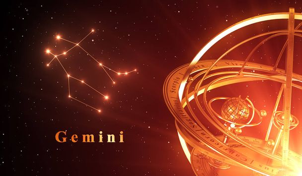 Zodiac Constellation Gemini ja Armillary Sphere yli punainen tausta
 - Valokuva, kuva