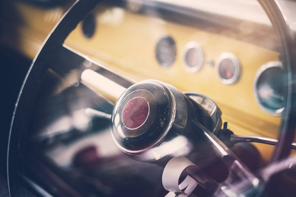 Close up on steering wheel, Classic car interior - Φωτογραφία, εικόνα
