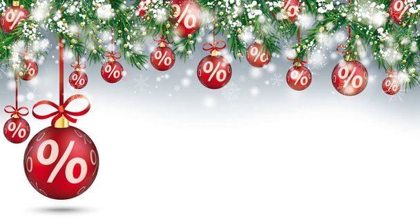 Christmas card with red percent baubles - Vektor, Bild