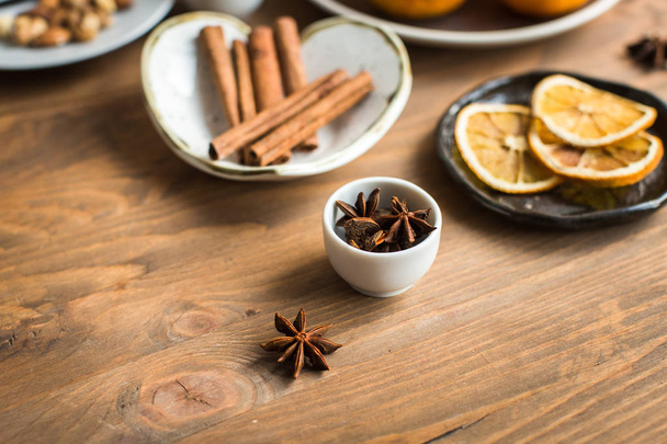 Christmas spices, ingredients for mulled wine on table - Foto, imagen