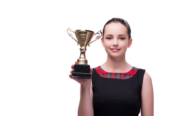 Woman with cup award isolated on white - Photo, Image