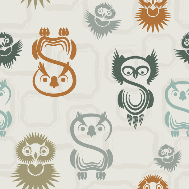 Seamless pattern with various owls on a neutral background. - ベクター画像