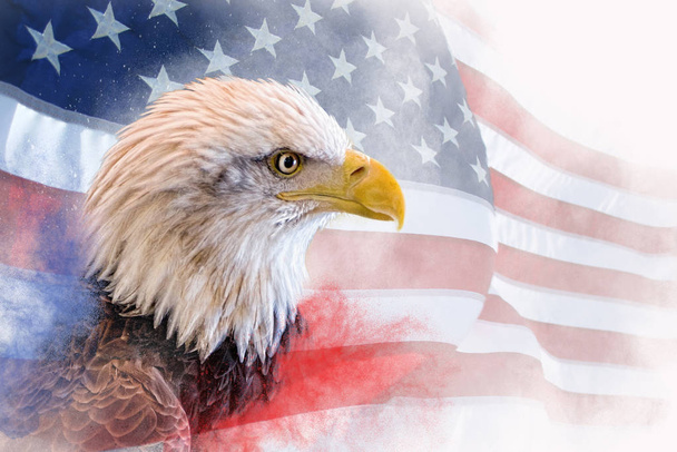 Foto composta: águia careca em primeiro plano com a bandeira americana borrada e desbotada no fundo. Névoa vermelha e azul na parte inferior
. - Foto, Imagem