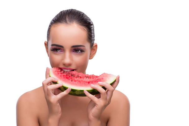 Woman with watermelon slice isolated on white - Fotografie, Obrázek