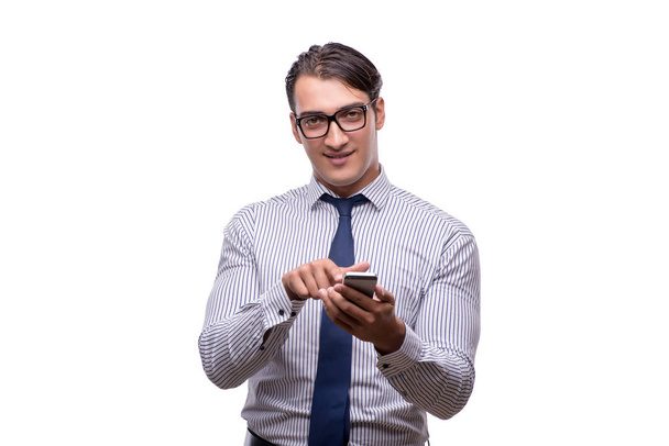 Handsome businessman working with mobile phone isolated on white - Fotoğraf, Görsel