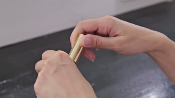 Close up shot of womans hands opening contour face makeup concealer tool - Footage, Video