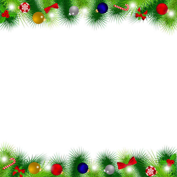 Branches of Christmas tree decorated with balloons, ribbons, can - Vector, Image
