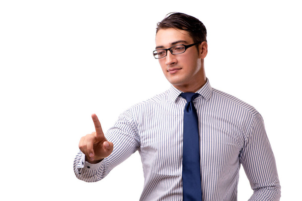 Jeune homme d'affaires beau appuyant sur des boutons isolés sur blanc
 - Photo, image