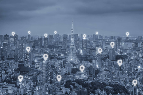 Harita PIN düz Tokyo city scape ve ağ bağlantı yukarıda - Fotoğraf, Görsel