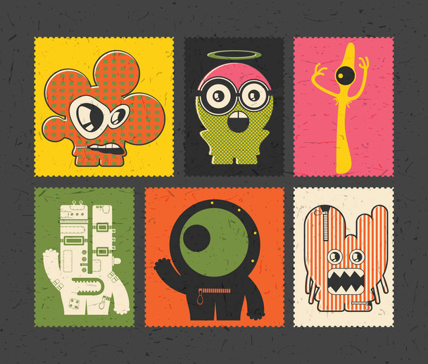 Set of six retro postage`s stamp with funny monsters on different color background.  - ベクター画像