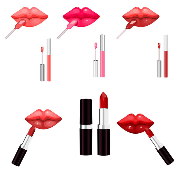 Light pink lip gloss and lip stick isolated on white. Make-up set for lips. Vector illustration - Вектор,изображение