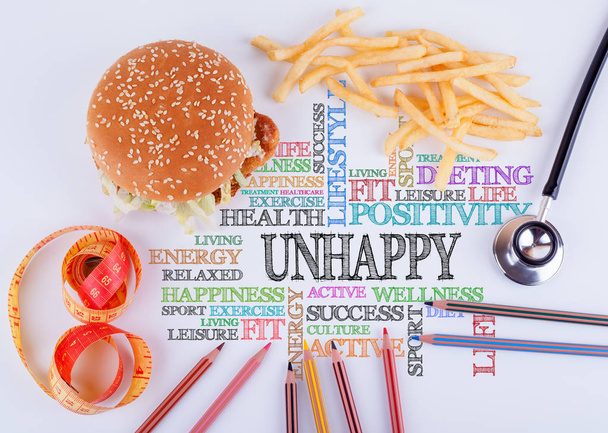 Нещасливий напис на столі. Здорове харчування, спосіб життя, концепція тіла та психічного здоров'я
 - Фото, зображення