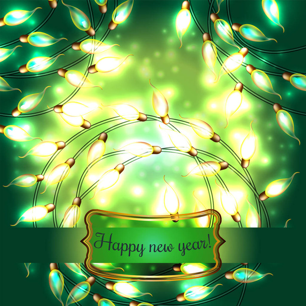 Újévi dekoráció színes zöld izzó karácsonyi Lights.Vector elemek hátterében használható. Holiday illusztráció, fényes elektromos füzér, fényes izzók és -huzal - Vektor, kép