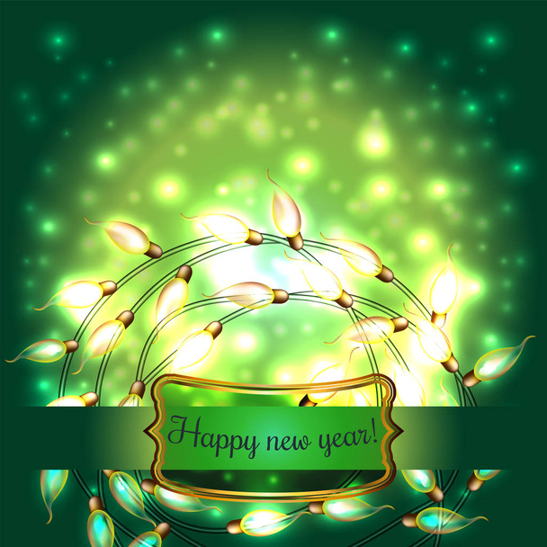 Barevné zeleně zářící vánoční Lights.Vector prvky lze použít jako pozadí pro novoroční dekorace. Holiday ilustrace, světelný elektrický věnec, lesklé žárovky a drát - Vektor, obrázek