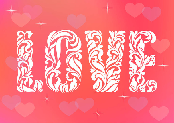 Word LOVE. Decorative Font with swirls and floral elements on a pink background - Vector, Image