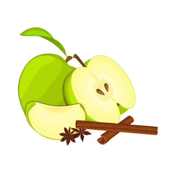 Dibujo vectorial de unas manzanas con especias. Frutas de manzana verde enteras, mitad, rebanadas y anís canela Grupo sabroso diseño colorido para el jugo de embalaje, desayuno, alimentación saludable, vegetariano
 - Vector, imagen